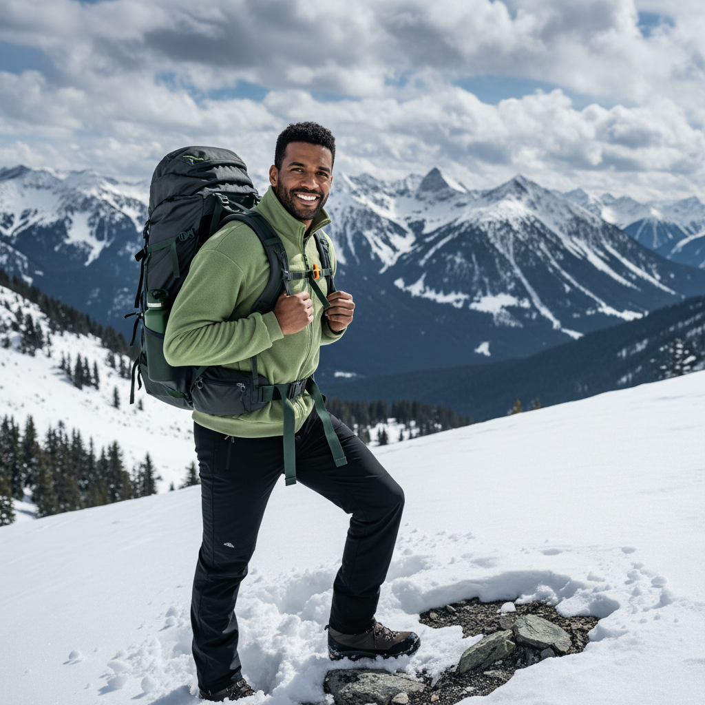 A man in a FROVIK Outdoor Fleece Jacket smiles while hiking in a snowy alpine landscape with a backpack, captured in a square