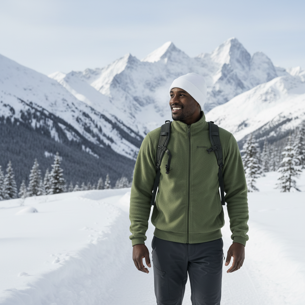 A man in a forest green fleece jacket smiles while hiking on a snowy mountain trail with glacier-white peaks and trees in the