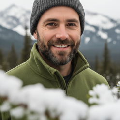 Portrait of Thomas Reid, a man with a beard, smiling and wearing a black FROVIK Outdoor Fleece Jacket, with a blurred snowy m