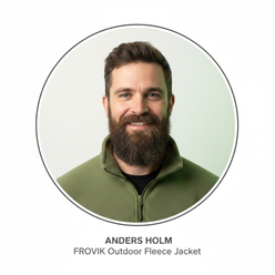 Anders Holm, a rugged man with a beard, smiling confidently in a circular portrait, wearing the FROVIK Outdoor Fleece Jacket 