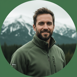 Portrait of Lukas Meyer, a rugged man, wearing the FROVIK Outdoor Fleece Jacket, with a confident expression against a blurre