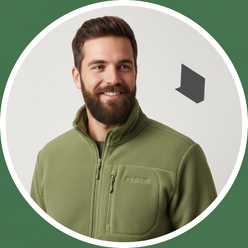 Circular portrait of Oliver Quinn wearing the FROVIK Outdoor Fleece Jacket against a clean, subtly forest green-tinted backgr