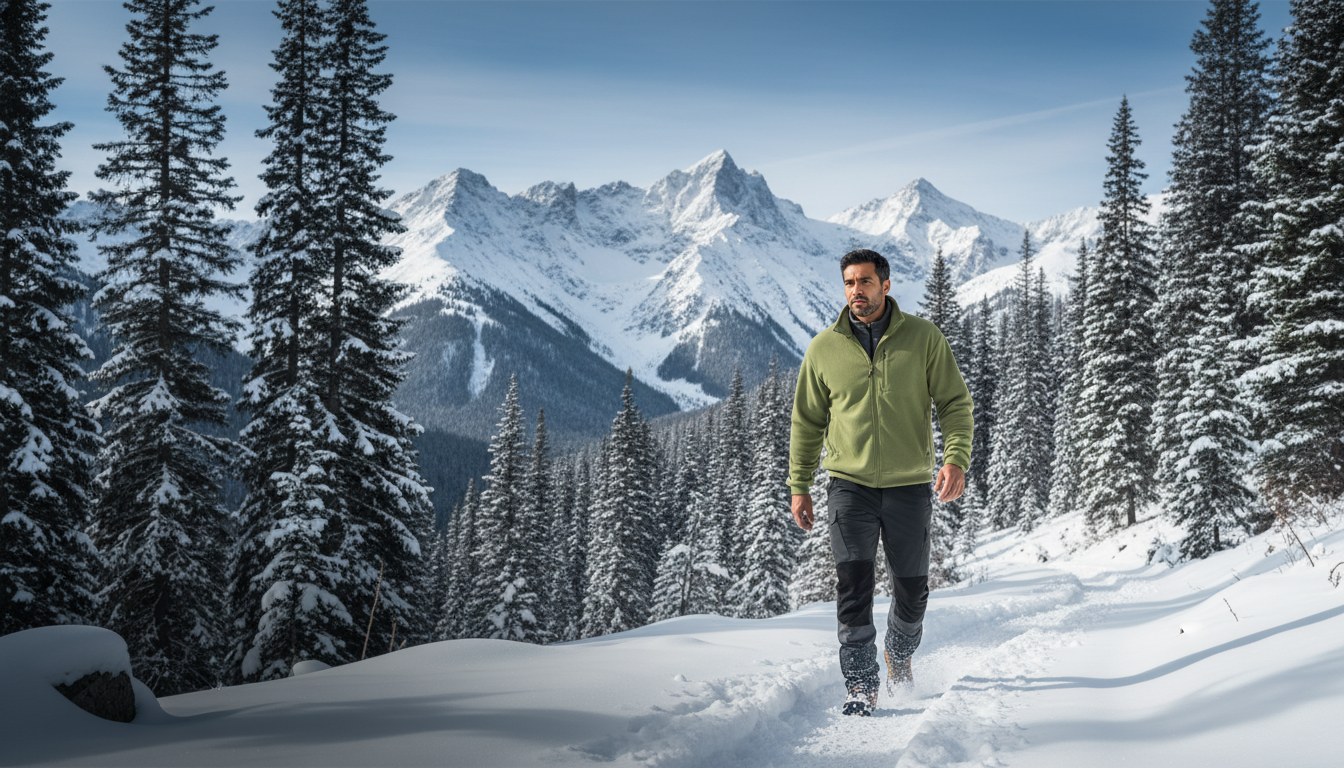 Man in FROVIK Outdoor Fleece Jacket hiking a snowy mountain trail with pine trees and rugged peaks in the background.