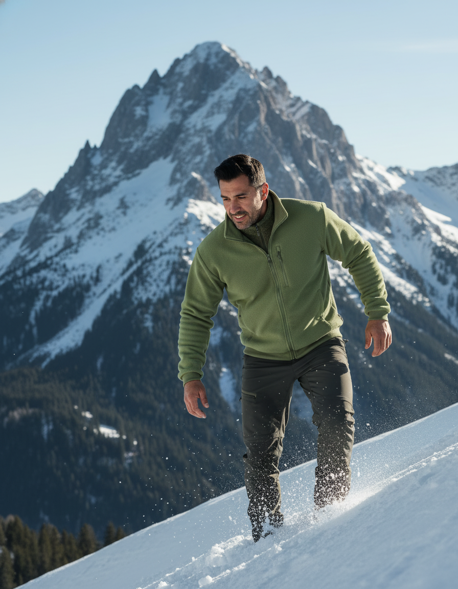 Man wearing a charcoal FROVIK Outdoor Fleece Jacket descends a snowy mountain, with a dramatic peak in the background under a