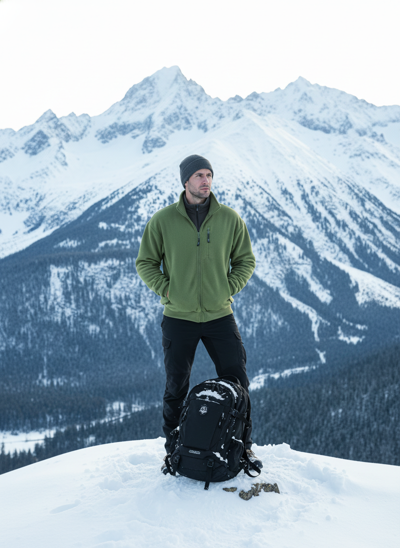 Man wearing a FROVIK Outdoor Fleece Jacket stands in a snowy alpine landscape with mountains, exuding readiness for cold weat