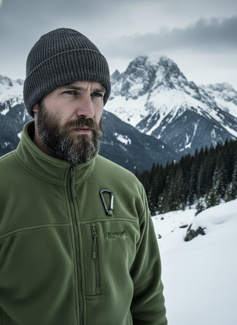 Male model wearing a FROVIK Outdoor Fleece Jacket, standing against a backdrop of snowy mountains and a pine forest.