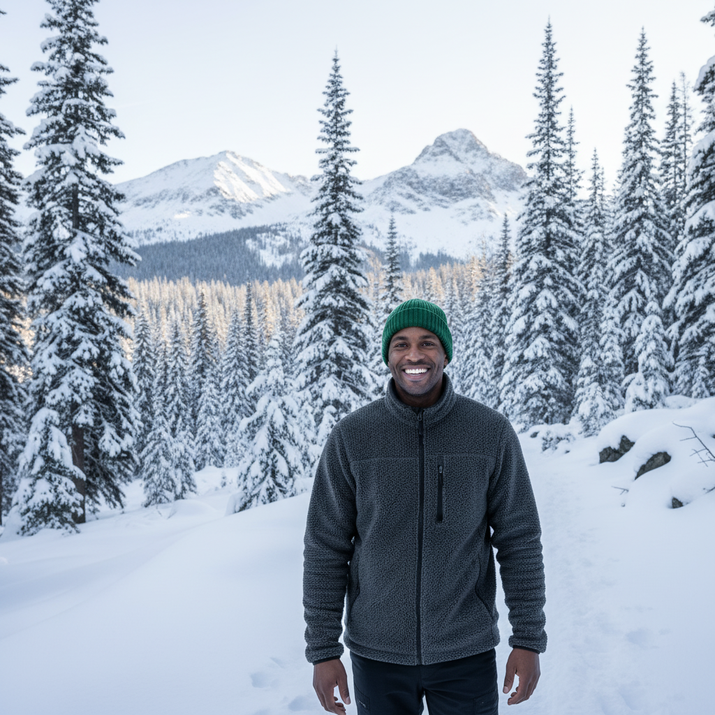 A man wearing a charcoal grey FROVIK fleece jacket smiles while hiking a snowy mountain trail through a winter forest.