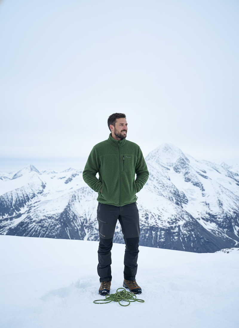 Man wearing a deep forest green FROVIK Outdoor Fleece Jacket, standing on a snowy mountain peak with an expansive alpine land