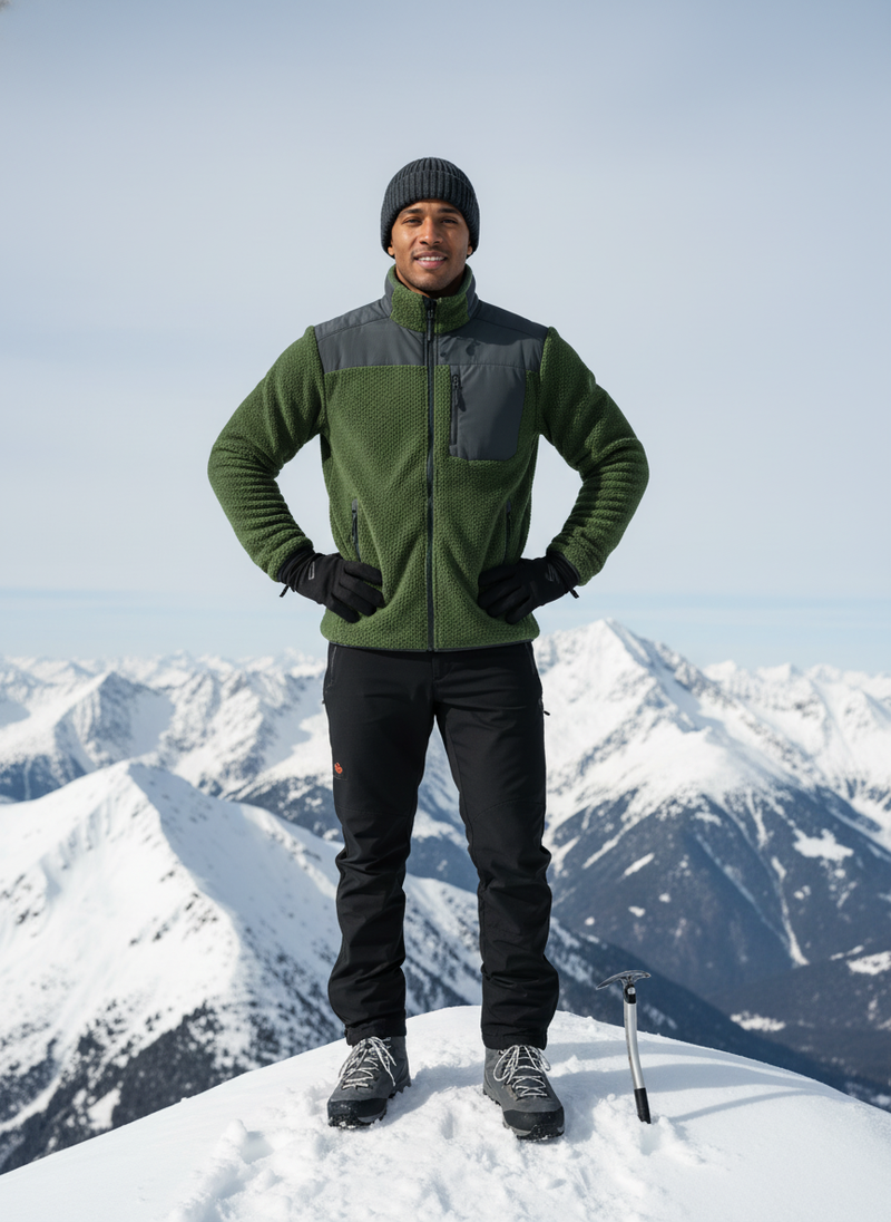 A diverse man on a snowy mountain peak, wearing a deep forest green FROVIK Outdoor Fleece Jacket, showcasing the fleece textu