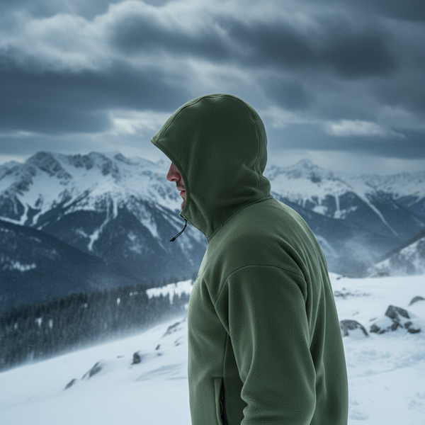 A man in a FROVIK Outdoor Fleece Jacket, collar and hood up, blocking wind on a snowy mountain.