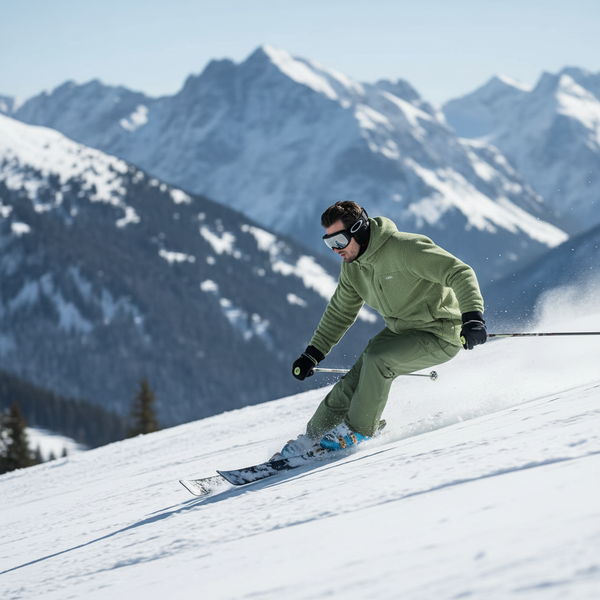 Man in FROVIK fleece jacket actively carving down a snowy ski slope, demonstrating articulated fit.