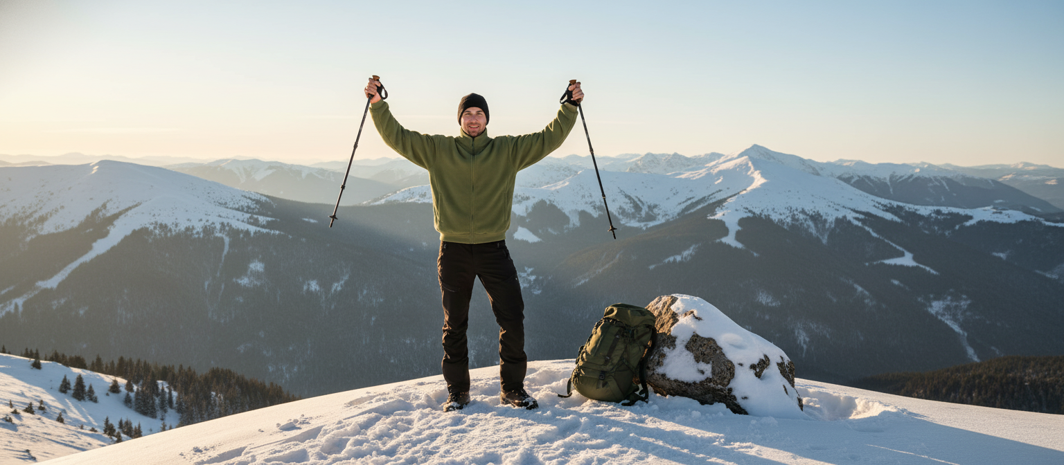 Man in a dark fleece jacket stands on a snowy mountain summit at sunrise, vast alpine landscape in background.