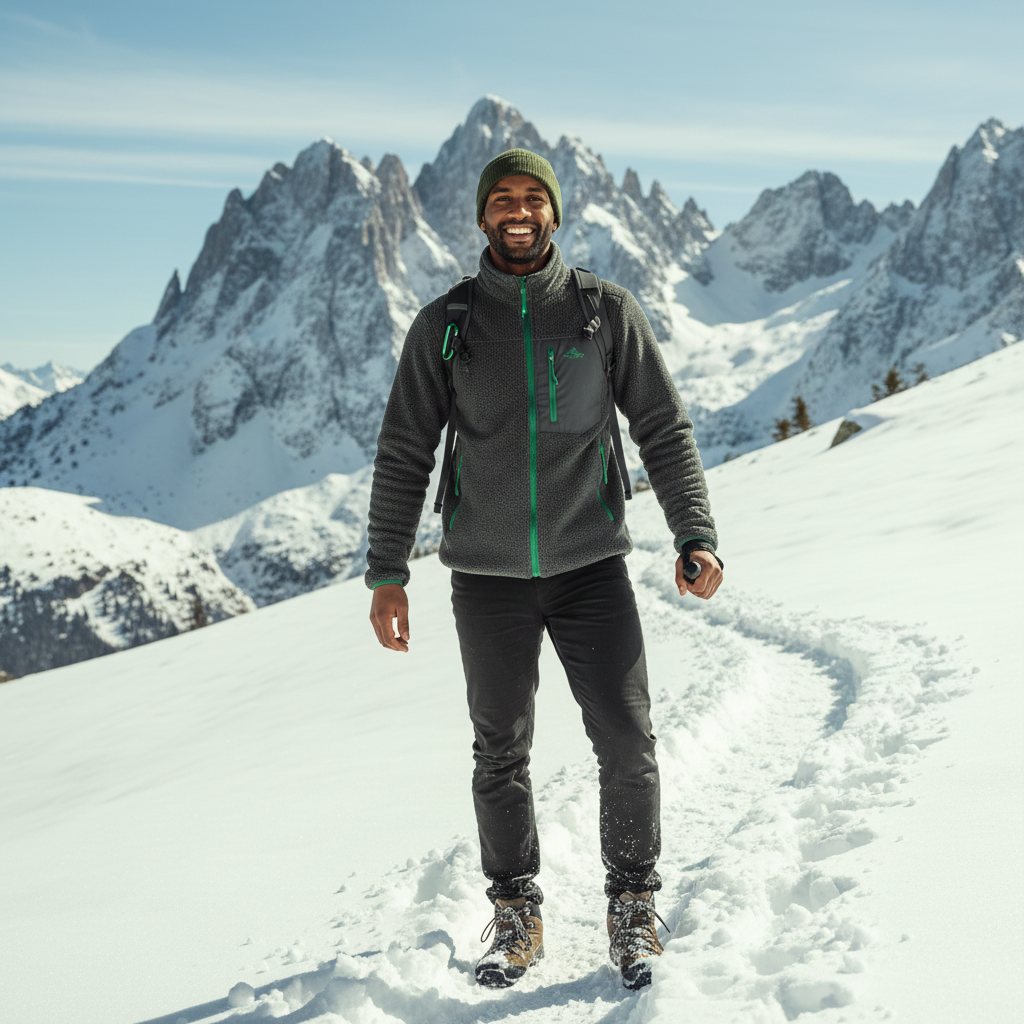 A man wearing a FROVIK Outdoor Fleece Jacket smiles while hiking on a snowy mountain trail with majestic peaks.