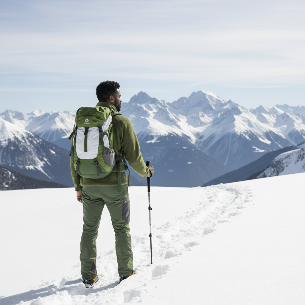 Man wearing a forest green FROVIK fleece jacket from behind, standing on a snowy mountain trail overlooking snow-capped peaks