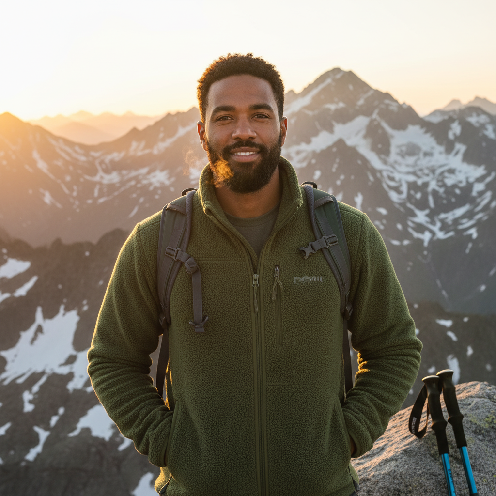 A diverse man in a deep forest green FROVIK fleece jacket stands on a snowy mountain peak at sunset, smiling at the camera.